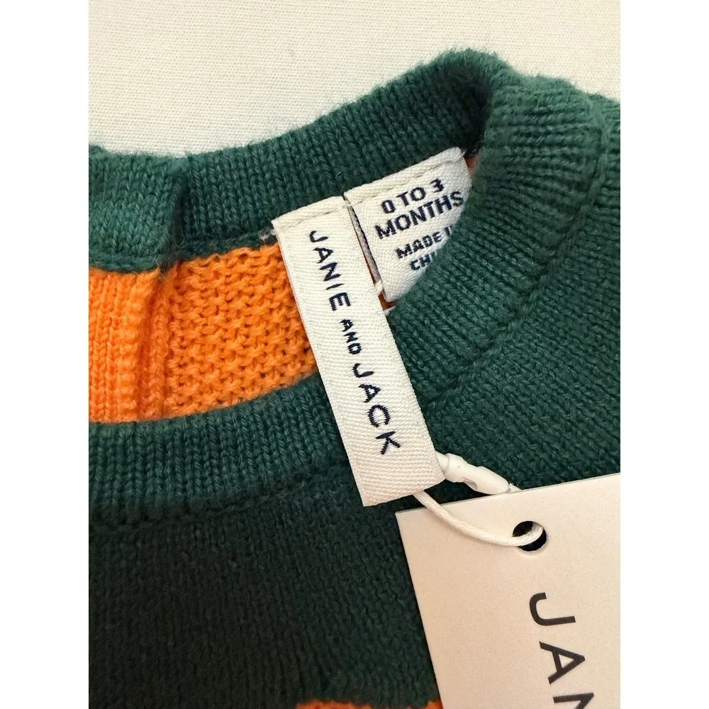 New Janie and Jack Orange Pumpkin Knit Romper Green Collar 0-3 Months Halloween
